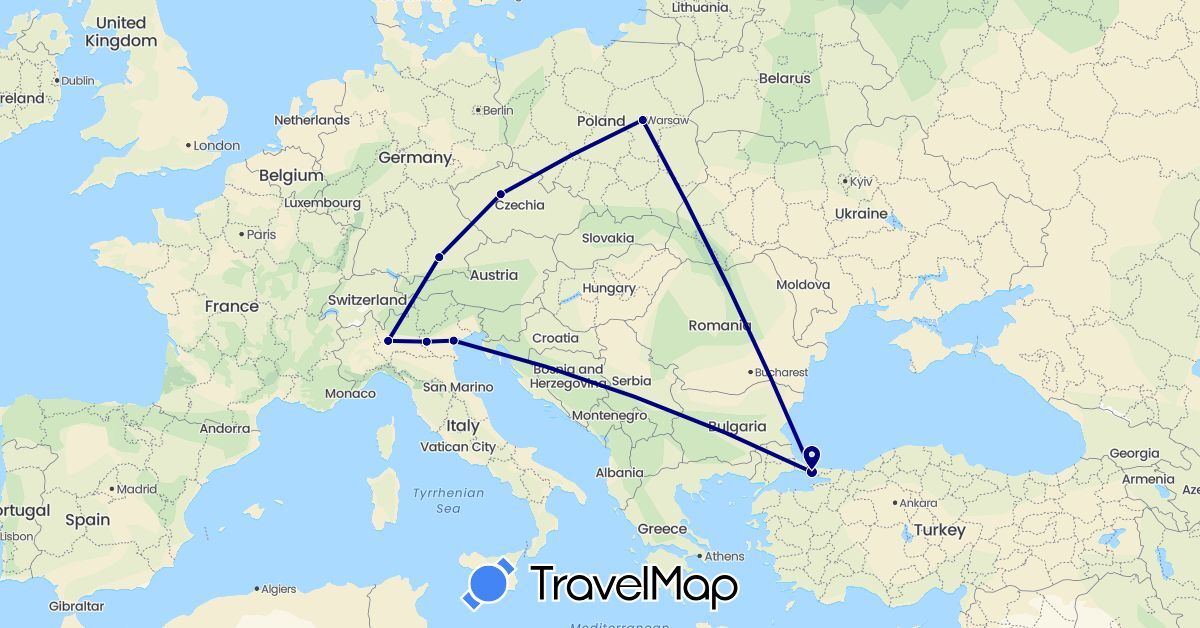 TravelMap itinerary: driving in Czech Republic, Germany, Italy, Poland, Turkey (Asia, Europe)