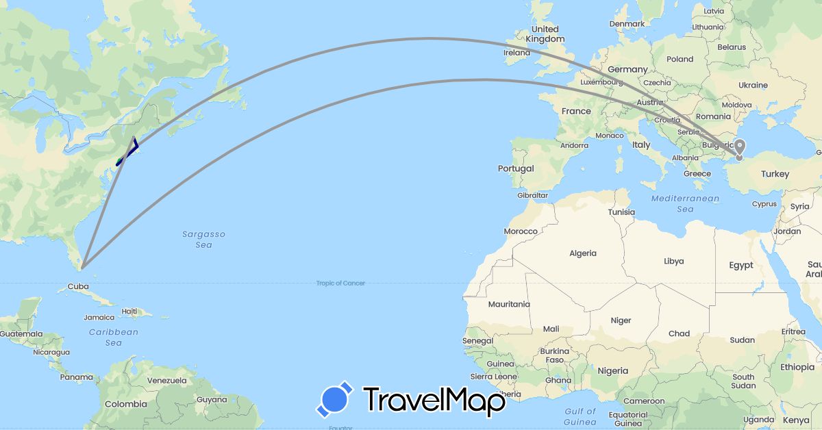 TravelMap itinerary: driving, bus, plane in Turkey, United States (Asia, North America)